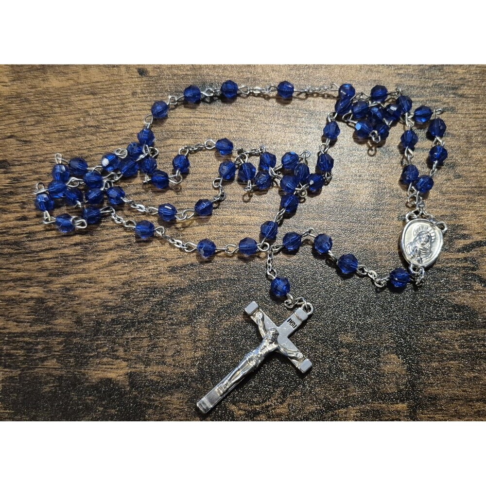 Vintage Blue Sparkle Rosary Metal Cross Emblem Catholic Church Religion EUC
